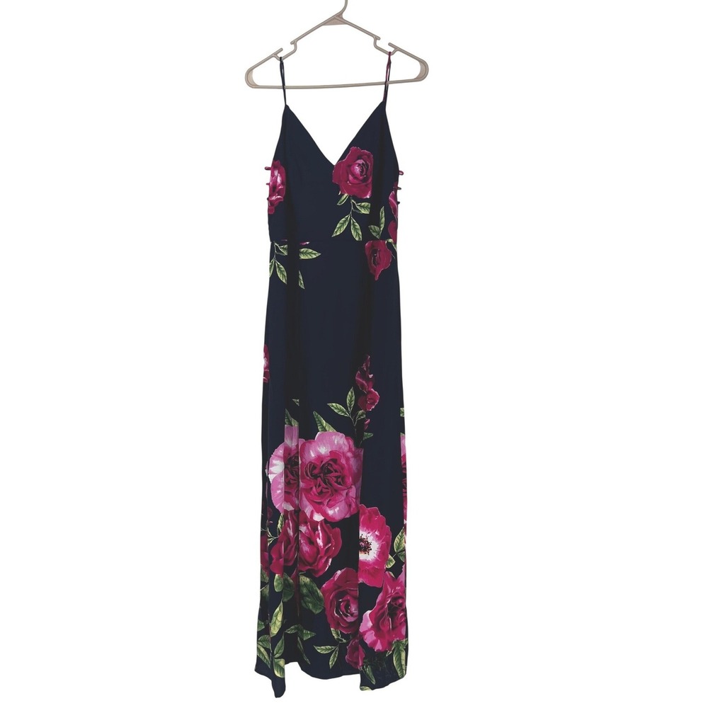 Soieblu Floral Rose Print Maxi Dress Black Pink V-Neck Cut Out Side‎ Slit Large